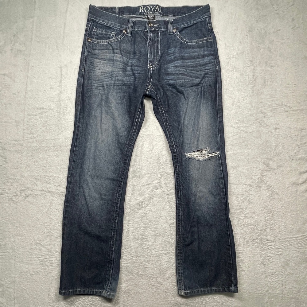 Royal Premium Jeans Mens 34x30 Dark Wash Distressed Straight Leg Y2K Embroidered